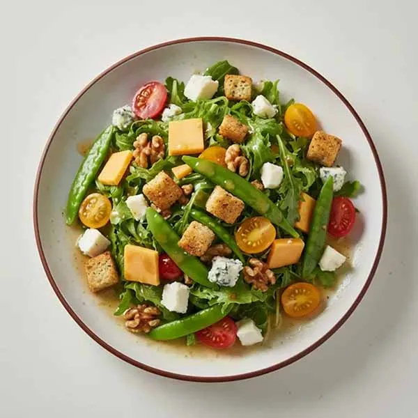English Cheese, Snap Peas & Cherry Tomato Salad with Focaccia Croutons & Apple Cider Dressing